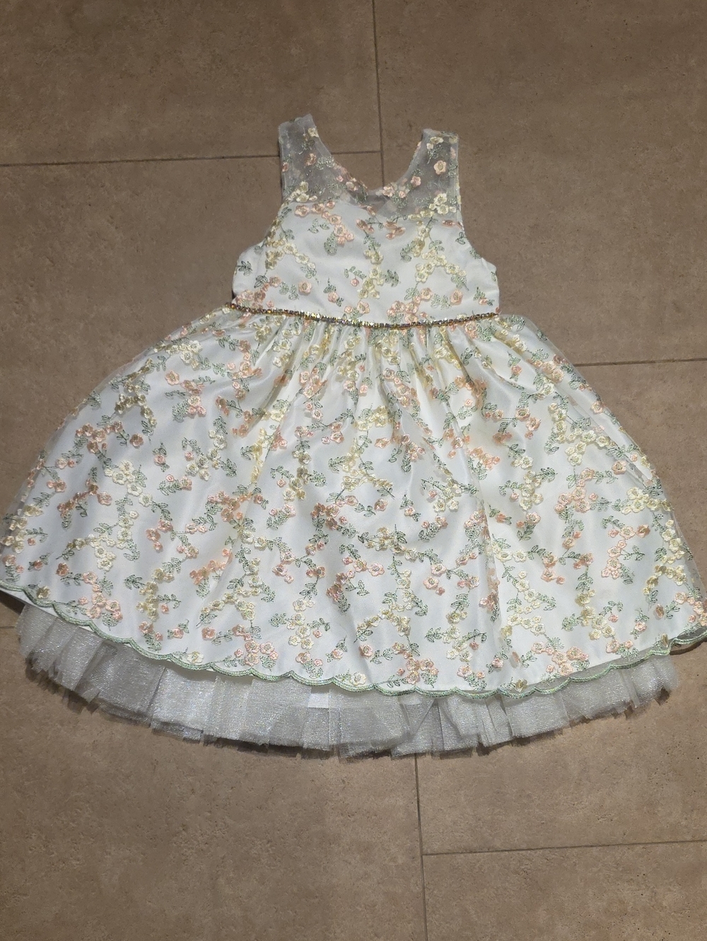 Girls Floral Embroidered Party Dress - White with Pastel Accents. Size 5